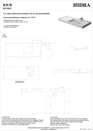Hidra Kiub, накладная/подвесная прямоугольная раковина 121x46x12h см, чаша справа, цвет черный матовый, артикул KI120SX/026
