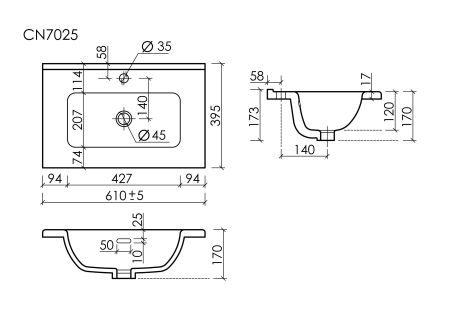 CN7025 Раковина мебельная накладная Компакт (Compact) 610x395x170, цвет белый, артикул CN7025