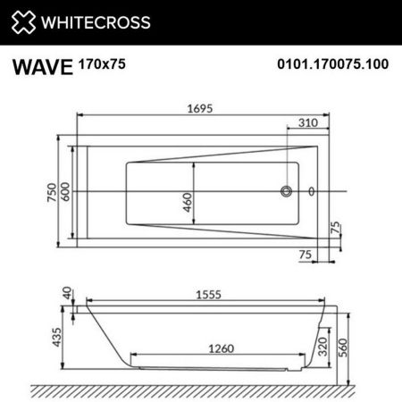 Ванна WHITECROSS Wave 170x75 "NANO" (золото), артикул 0101.170075.100.NANO.GL