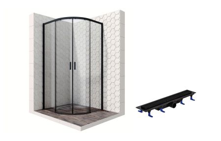 Душевой уголок Ambassador Queen Black 11011201-ST7, полукруглый, линейный трап, 90х90, артикул 11011201-ST7