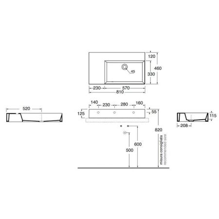 AZZURRA ELEGANCE Squared Раковина подвесная/накладная  81х46х12.5см без отв. под смеситель , цвет белый