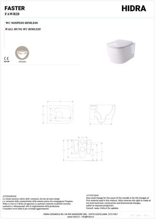 Hidra Faster, подвесной безободковый унитаз c крепежом, 53x36,5 см, цвет белый глянцевый, артикул FAWR20/001