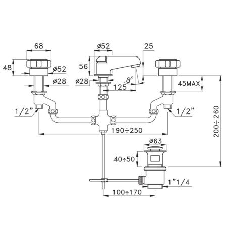 Stella Aster Смеситель для раковины на 3 отверстия 3224, с донным клапаном, цвет: хром, артикул AT 00011 CR00
