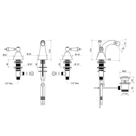 Bongio Capri Смеситель для биде на 3отв., цвет золото, артикул 17503OR00