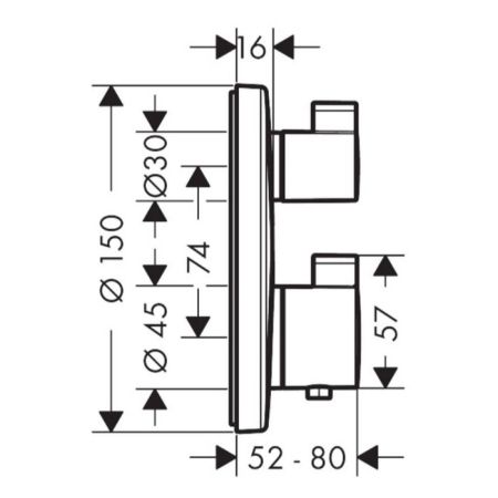Смеситель для душа, Hansgrohe, Ecostat S, тип открывания воды-вентильный, тип регулирования воды-термостатический картридж, монтаж-вертикальный встраиваемый (настенный), отверстия для монтажа-1, внутренняя часть-необходимо заказать, цвет-белый матовый, артикул 15758700