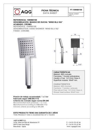 AQG, ручной душ WIND BLU SQ, цвет хром, артикул 10WIB0140