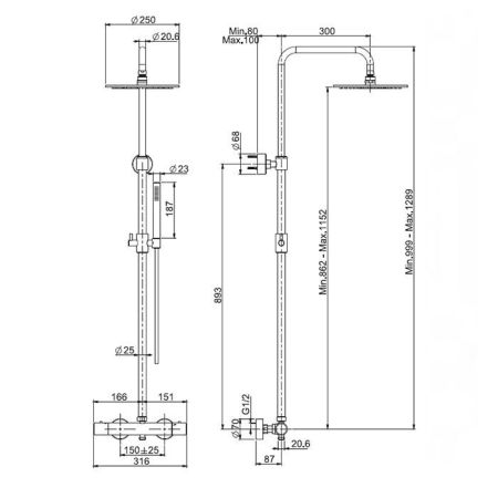 FIMA|Carlo Frattini Wellness Смеситель для душа внешнего монтажа, с душевой стойкой, верхним душем Ø 250 мм. и душевым комплектом, цвет хром, артикул F3255/R256CR