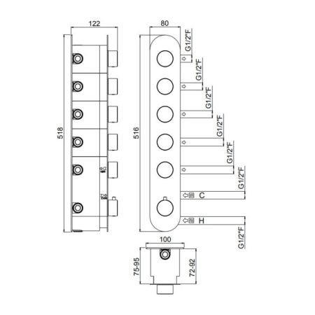 Смеситель для душа, Carimali, ILTONDO, на 5 потребителей, тип регулирования воды-термостатический картридж, монтаж-настенный встраиваемый, отверстия для монтажа-6, внутренняя часть-необходимо заказать, цвет-хром, артикул 21057EST/A-CR