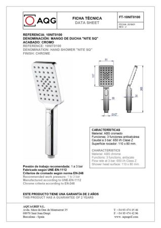 AQG, ручной душ антикальцевый NITE SQ 110х80мм, 2х режимный, цвет хром, артикул 10NIT0100