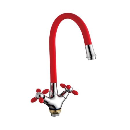 Смеситель для кухни с гибким изливом FASHUN A44127-10, хром/красный