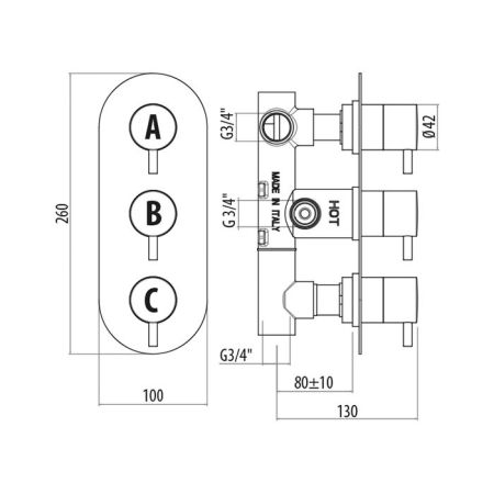 Gattoni Termostatici Термостатический встраиваемый смеситель для душа на 2 источника, (внутренняя+внешняя часть) на овальной пластине, цвет хром