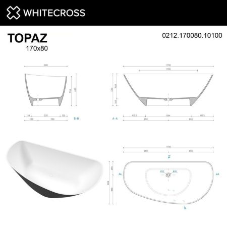 Ванна WHITECROSS Topaz 170x80 (черный/белый глянец) иск. камень, артикул 0212.170080.10100