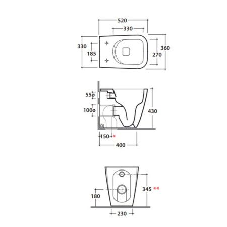 GLOBO Stone Унитаз напольный безободковый  52*36см, с системой скрытого крепежа, слив универсальный, цвет белый