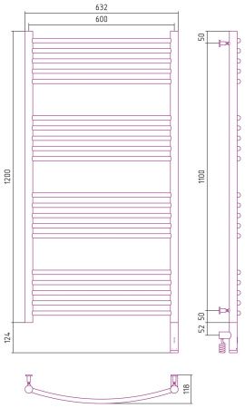 Полотенцесушитель, Сунержа, Богема 3.0, выгнутая, электрический, ширина, мм-632, глубина, мм-118, высота, мм-1324, межосевое расстояние-600, нагревательный элемент-ТЭН, подключение-справа, электрокомплект-МЭМ, мощность, Вт-300, материал-нержавеющая сталь,