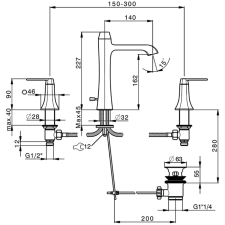 CISAL Cherie Смеситель для раковины на 3 отверстия с донным клапаном, цвет золото розовое