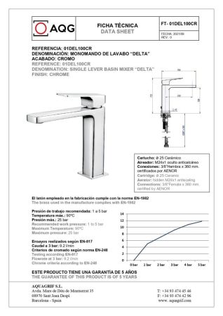 AQG Delta, однорычажный смеситель для раковины без донного клапана, цвет хром, артикул 01DEL100CR