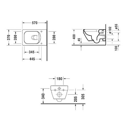 Унитаз, Duravit, Vero Air, безободковый (с открытым смывным краем), тип установки-подвесной, ширина, мм-370, глубина, мм-570, высота, мм-355, форма чаши-прямоугольная, выпуск-горизонтальный, материал-керамика, сиденье-необходимо заказать, крепления в комп