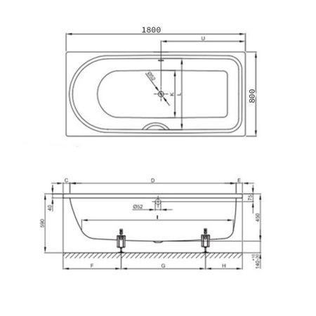 BETTE Ocean Ванна с шумоизоляцией 180х80х45, перелив сзади (для удлиненного слива-перелива)