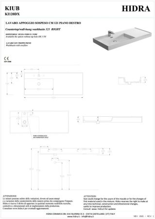 Hidra Kiub, накладная/подвесная прямоугольная раковина 121x46x12h см, чаша слева, цвет белый глянцевый, артикул KI120DX/001