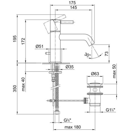 Fantini Nostromo Смеситель для раковины, 1 отв., с донным клапаном, излив 145мм, цвет: хром