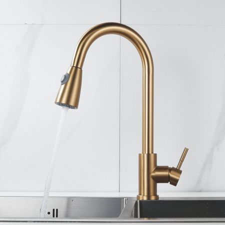 Смеситель для кухни с выдвижным изливом Raffine F213G, золотой сатин, артикул F213G