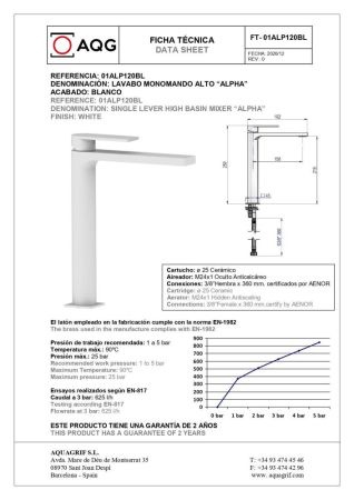 AQG Alpha, высокий однорычажный смеситель для раковины без донного клапана, цвет белый матовый, артикул 01ALP120BL