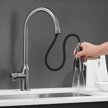 Смеситель для кухни с выдвижным изливом Shevanik S163T, оружейная сталь