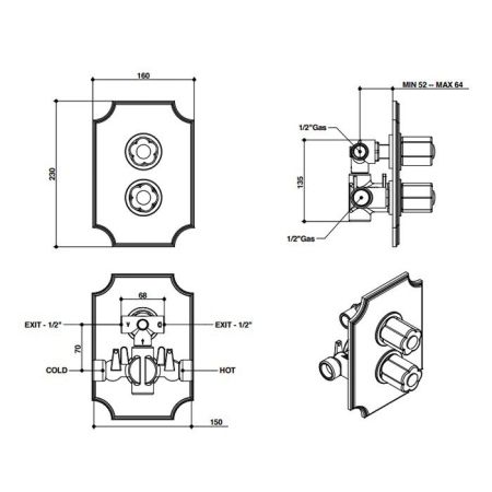 Bongio Fleur Blanc Встраиваемый термостатический смеситель (2 источника), цвет золото/черный фарфор(без встраив части 09728), артикул 12549OREU