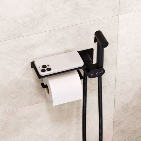 Гигиенический смеситель встроенный c полкой, лейка, шланг в комплекте - RGW SP-221B, черный