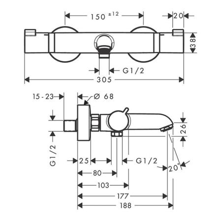 Смеситель для ванны и душа, Hansgrohe, Ecostat Comfort, тип регулирования воды-термостатический картридж, тип установки-настенный, отверстия для монтажа-2, вынос излива, мм-177, цвет-черный матовый, артикул 13114670