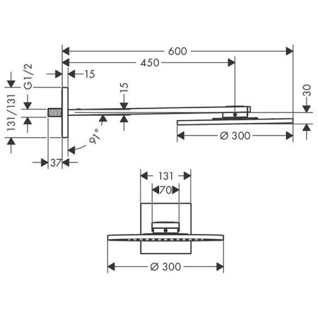 AX ShowerSolution Верхний душ, Ø 300мм, 1jet, с  держателем 450мм, настенный монтаж, цвет полированный черный хром, артикул 35300330