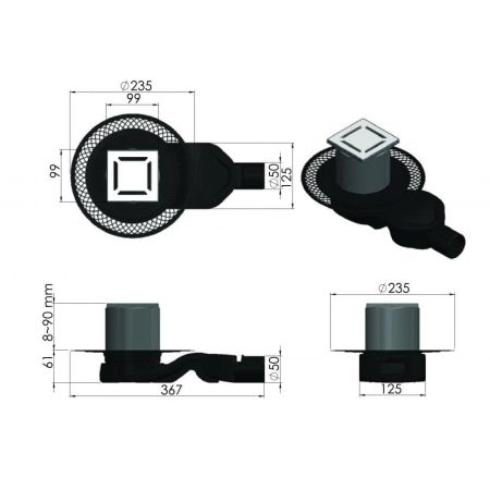 Трап BERGES водосток PLATZ Norma 100х100, золото глянец, S-сифон D50 H60 боковой, артикул 092158