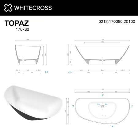 Ванна WHITECROSS Topaz 170x80 (черный/белый мат) иск. камень