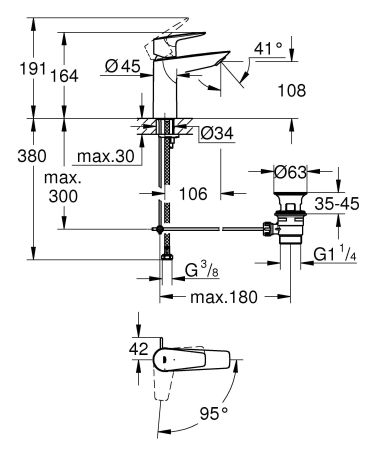 Смеситель для раковины GROHE BauEdge с рычажным донным клапаном, размер M, хром (23759001), артикул 23759001