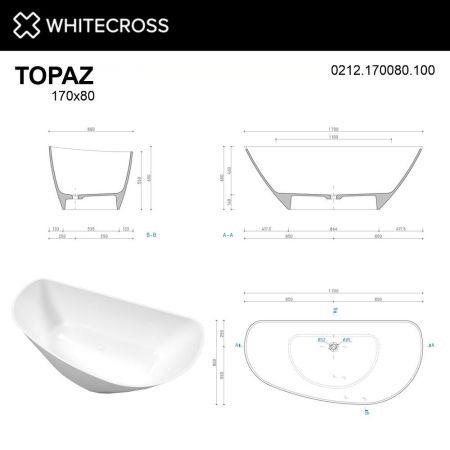 Ванна WHITECROSS Topaz 170x80 (белый глянец) иск. камень
