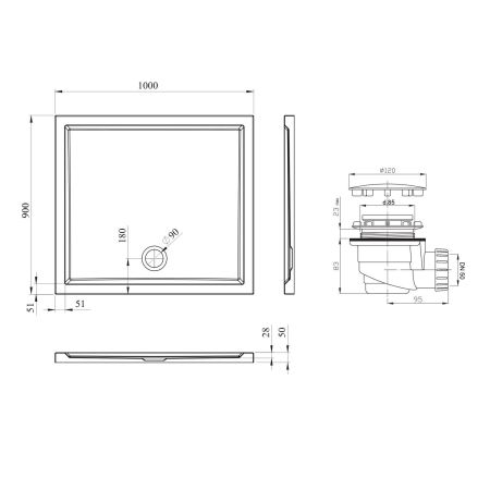 Комплект прямоугольного душевого поддона с сифоном Lavinia Boho One 3701610S, 100 х 90 см, артикул 3701610S