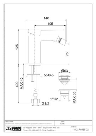 Fiore Kube, однорычажный смеситель для биде c донным клапаном, цвет хром, артикул 100CR8535
