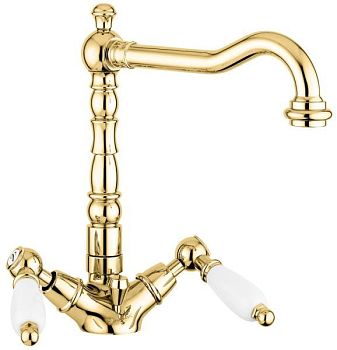 Emmevi Deco Ceramic, двухрычажный смеситель для раковины (излив 19 см), с донным клапаном, цвет золото