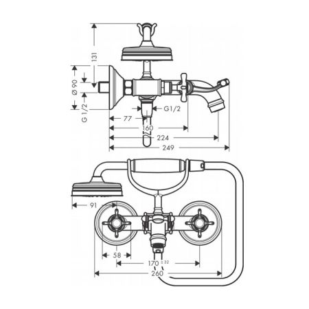 AX Montreux Смеситель для ванны, с двумя рукоятками, и ручным душем, настенный, цвет: хром, артикул 16540000