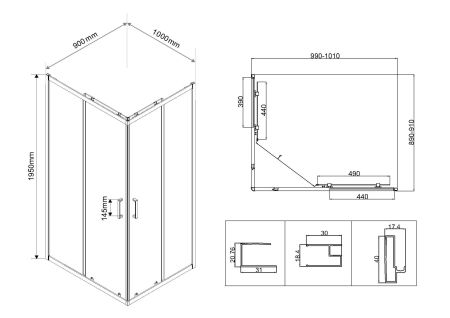 Душевой уголок City VSS-5CT9010CL, 1000*900, хром, стекло прозрачное, артикул VSS-5CT9010CL