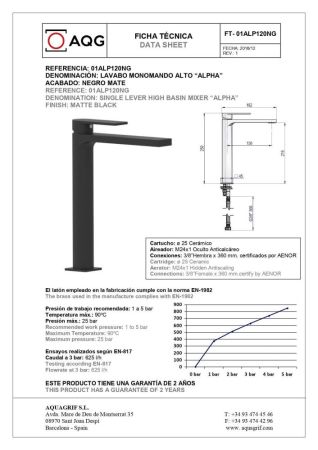 AQG Alpha, высокий однорычажный смеситель для раковины без донного клапана, цвет черный матовый, артикул 01ALP120NG