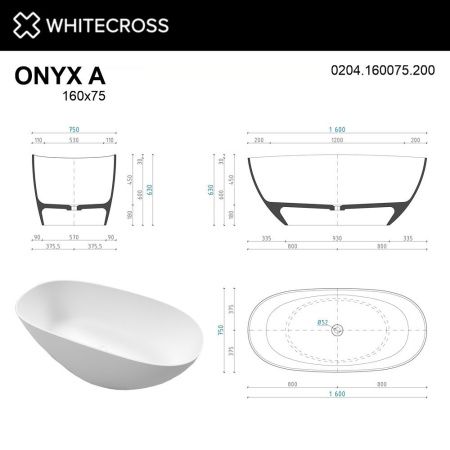 Ванна WHITECROSS Onyx A 160x75 (белый мат) иск. камень