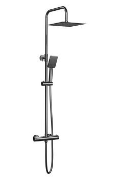 AQG Nite, душевая колонна регул. по высоте 95-150 см: c термостатом и квадратным верхним душем 25х25 см, цвет оружейная сталь (PVD)