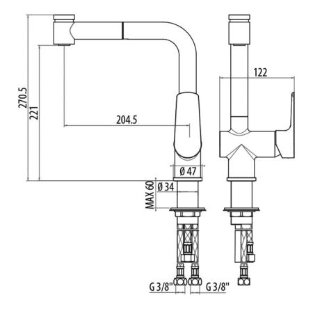Gattoni H2omix3000 CUCINA Смеситель для раковины с выдвижным распылителем излив 205 мм , цвет хром, артикул 3070/30C0cr