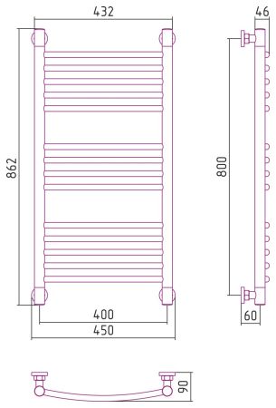 Полотенцесушитель, Сунержа, Богема +, выгнутая, водяной, ширина, мм-450, глубина, мм-90, высота, мм-862, межосевое расстояние-400, подключение-диагональное/нижнее/вертикальное, температура теплоносителя-до 95°С, мощность-Вт-421, присоединительный размер-Н, артикул 30-0221-8040