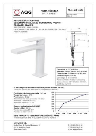 AQG Alpha, однорычажный смеситель для раковины без донного клапана, цвет белый матовый, артикул 01ALP100BL