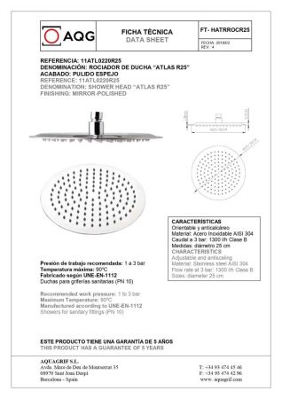 AQG, душевая круглая ультраплоская антикальковая головка ATLAS Ø25 см, цвет хром