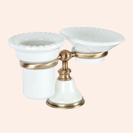 TW Harmony 141, настольный держатель с мыльницей и стаканом, керамика (бел), цвет: белый/бронза, артикул TWHA141bi/br