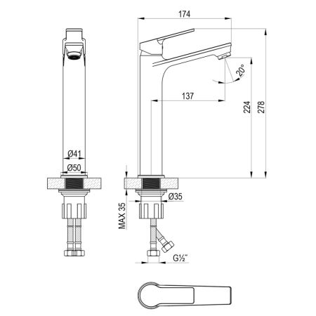 Смеситель Rossinka для раковины высокий монолитный (RS29-14), артикул RS29-14