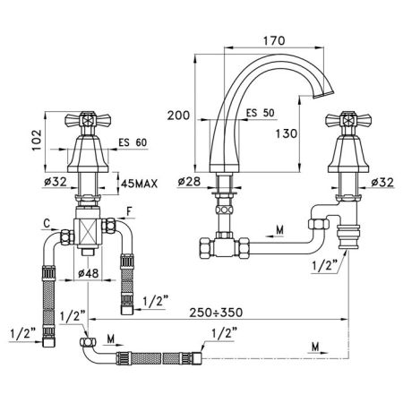 Stella Eccelsa Смеситель на борт ванны на 3 отверстия 3255TC, цвет: хром, артикул EC 02310 CR00